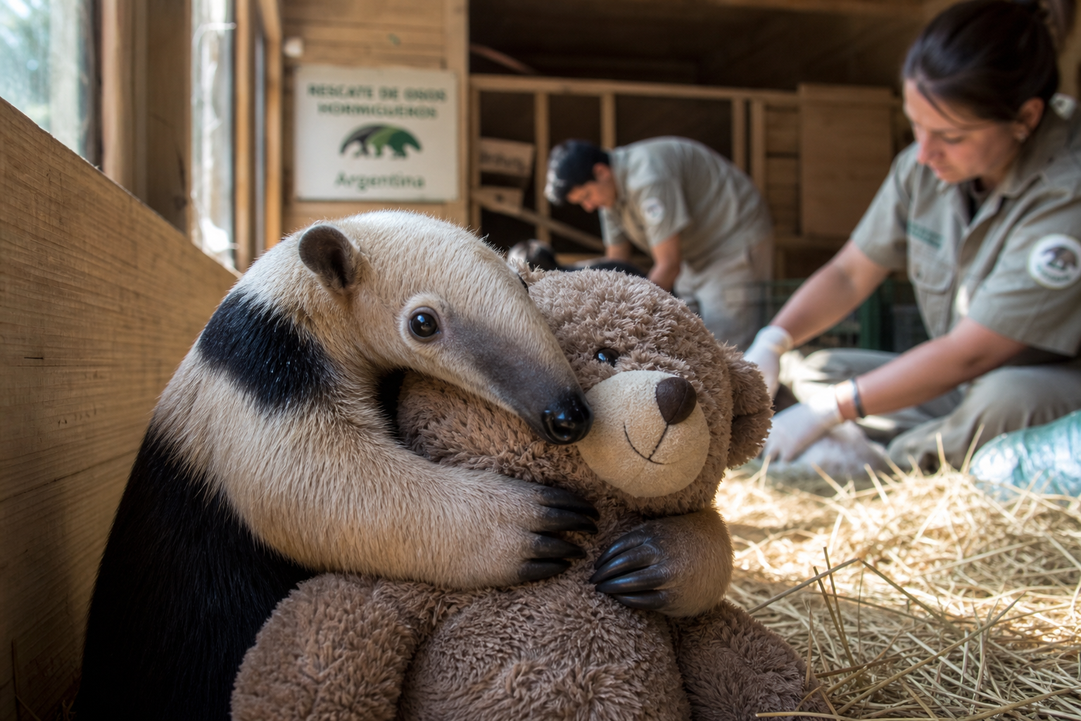 Filhote de tamanduá órfão abraça peluche para imitar o colo da mãe na Argentina